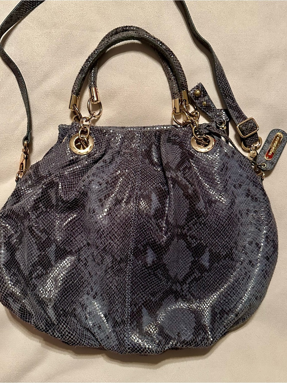 Cynthia Rowley Shiny Gray Snake-Pattern Shoulder Bag with Gold Hardware